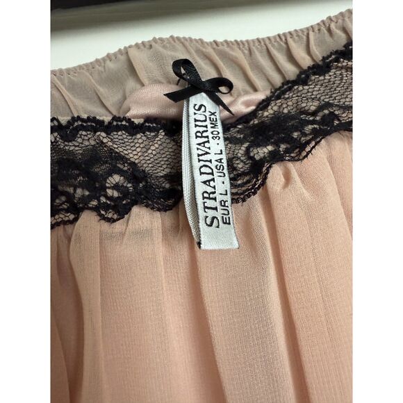 Stradivarius Blush Chiffon Sheer Lace Mini Asymmetrical Lined Fairy Mini Skirt L - Picture 5 of 5